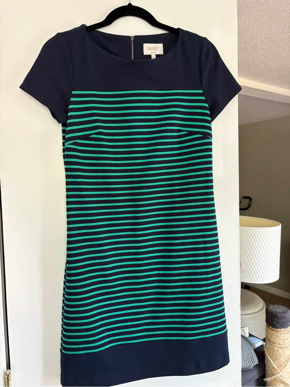 Laundry By Shelli Segal Navy & Teal Striped Short Sleeve Sheath Dress